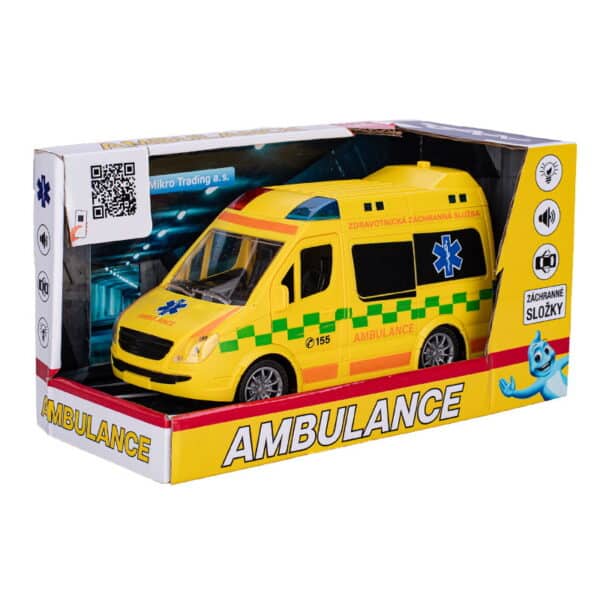 ambulancia 21,5cm 1:20 na zotrvačník na batérie so svetlom a zvukom