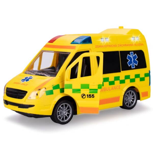 ambulancia 21,5cm 1:20 na zotrvačník na batérie so svetlom a zvukom