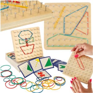 drevené puzzle na vytváranie tvarov pomocou gumičiek