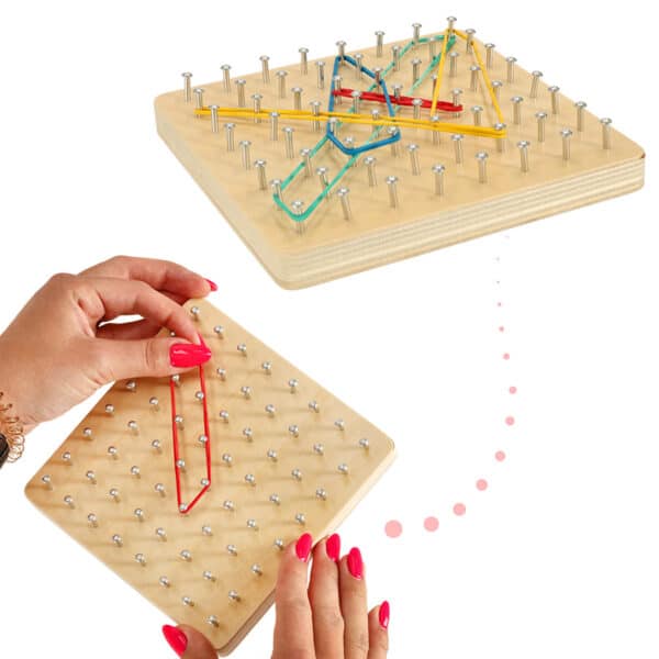 drevené puzzle na vytváranie tvarov pomocou gumičiek
